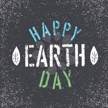 Happy Earth Day. Grunge lettering with Leaf symbol. Stencil grunge alphabet. Tee print design template