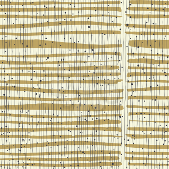Vertical lines and dots on bold golden stripes. Hand-drawn seamless vector pattern