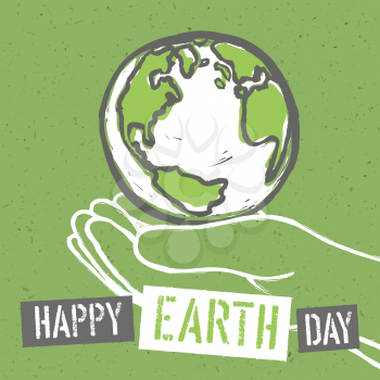 Happy Earth Day. Design for Earth Day. Concept Poster With Earth in hands. On recycled paper texture. Template for Celebrating card