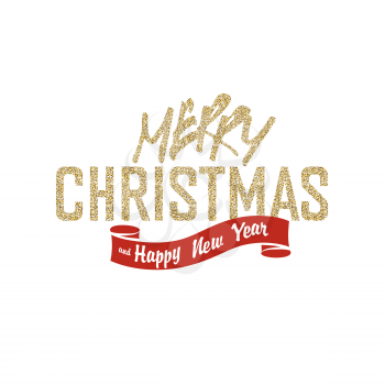 Merry Christmas Greeting Card on White Background. Glittering golden surface