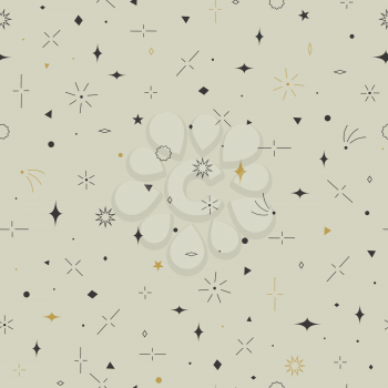 Geometric seamless pattern. Gold, gray and beige colors. Stars, squares, circles, triangles, rhombus and lines.