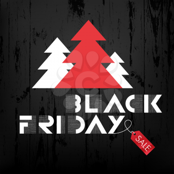 Black Friday sales Advertising Poster on Black Wooden background with Christmas trees and red label