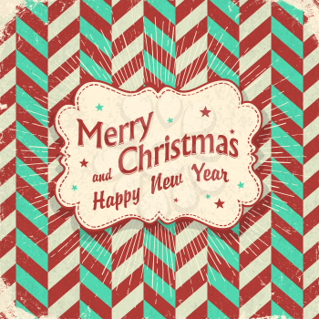 Christmas retro card design. Lettering on vintage label with rays. On chevron  aged pattern