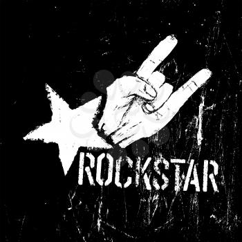 Rockstar symbol, sign of the horns gesture grunge composition on black