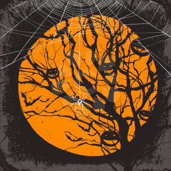 Halloween vector background. Dry tree and spider web