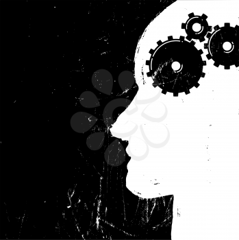 Gear in head piktogramm. Solution or imagination or engineering concept. Grunge styled. Vector illustration.