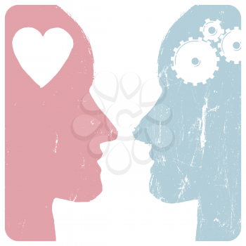 Man and woman profiles. Relations concept. Gears and heart. Grunge styled. Abstract unrecognizable faces. Vector illustration.