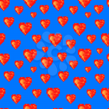 Pop art seamless pattern. Pixel hearts on blue background