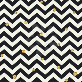 Chevron seamless pattern. Black zigzag lines and golden dots