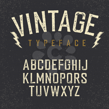 Vintage retro typeface. Stamped alphabet, white scratched letters on textured background

