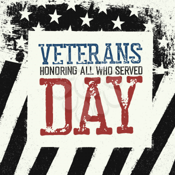 Veterans day logo on black and white american flag background. 