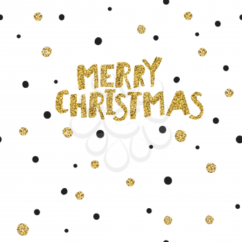 Merry Christmas postcard. Christmas typography glitter gold. Polka dot pattern. 