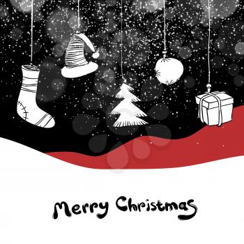 Merry Christmas postcard. Christmas gifts and ball. Vector black background with snowfall effect.