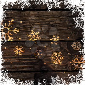 Golden Snowflakes on Wooden Background. Merry Christmas Background