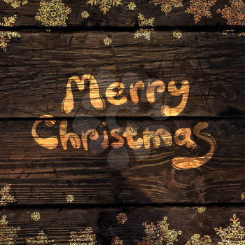 Christmas Greeting Card with Shining Gold Snowflakes on Wood Texture Abstract Background. Vector illustration
