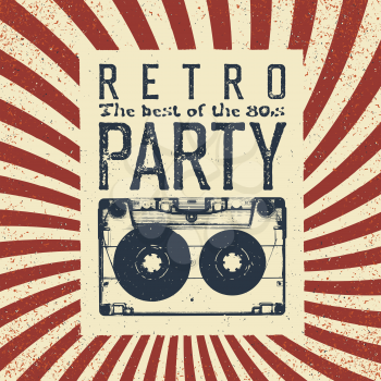 Retro party advertising flyer with old audiocassette. Old-fashioned poster design. Vector vintage illustration. Sunburst retro background