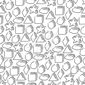 Seamless geometric shapes hand-drawn pattern. Black figures on white background. Elementary hand drawn geometric symbols.