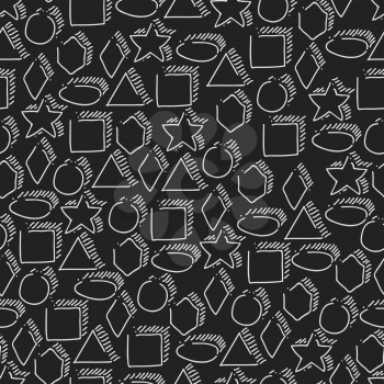 Seamless geometric shapes hand-drawn pattern. White figures on black background. Elementary hand drawn geometric symbols.