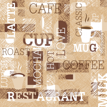 Coffee Themed Seamless pattern. Words, cups of coffee, and creative doodles. Beige and brown gamut. Abstract background for cafe or restaurant brand design.
