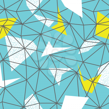 Triangles wire-frame seamless repeat pattern. Triangular facets. Doodles hand-drawn pattern. Vector pattern. Wireframe Background Blue and Yellow Seamless Pattern. 
