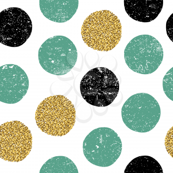 gold, green and black dots. Seamless textured pattern on white background.