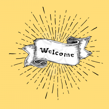 Welcome sign. Vintage sign with welcome word on ribbon. Retro style illustration on yellow background