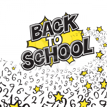 Back to school. Black and yellow illustration. Comic retro monochrome alphabet. Halftone background and decorative elements. 