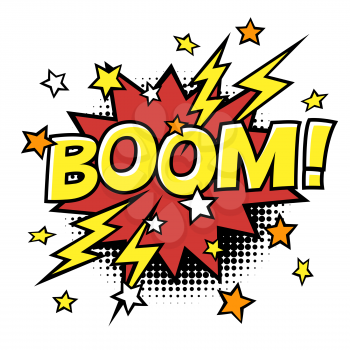 BOOM! phrase in speech bubble. Comic text. Vector bubble icon speech phrase. Comics book balloon. Halftone background.