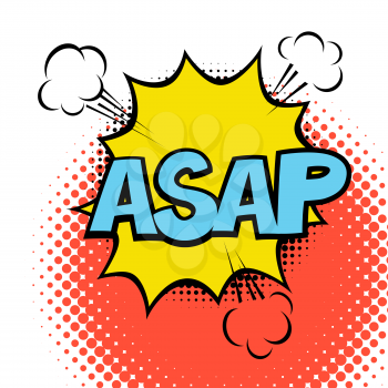 ASAP. Colorful speech bubble with lightning. Comic alphabet. Halftone background