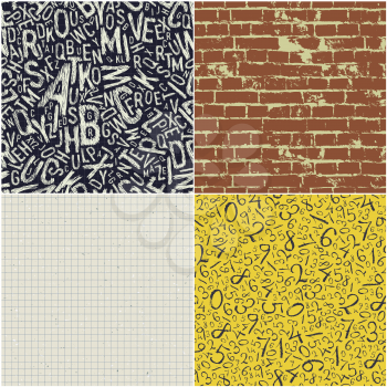 Four educational seamless patterns vector collection. Back to school backgrounds vector set