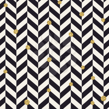 Chevron black pattern and golden chaotic dots. Seamless pattern design background. 