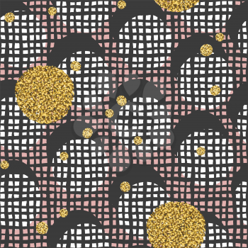 Hand drawn seamless cell pattern with golden dots on pink background. background. Vector seamless background