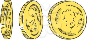 Unrecognized golden coins set. Vector doodle illustration
