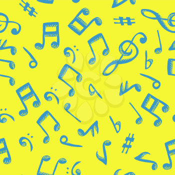 Blue notes seamless pattern on yellow background. Music theme vector background