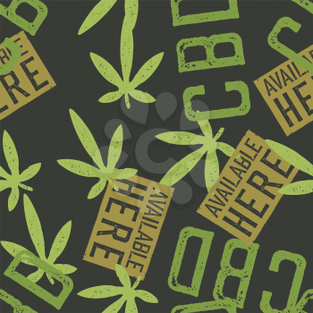 CBD labels and hemp leaves seamless pattern. Hemp products theme vector background