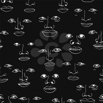 Different faces seamless pattern. Different ethnicity men - Caucasian, African, Asian. Linear vector background