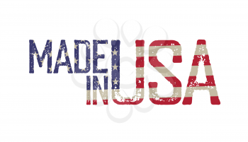 Made in USA. Flag background. Grunge sticker. Isolated on white