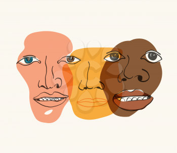 Multi-ethnic faces. Different ethnicity men - Caucasian, African, Asian. Different eyes - heterochromia. Vector