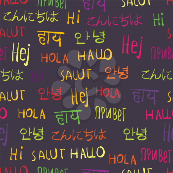 Multilingual greetings words seamless pattern. Colorful vector seamless background