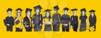 Young students of class 2021. Happy students with blue masks on faces. Vector illustration on yellow background, isolated.