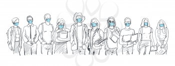 Class of 2021, linear drawing. Young students of different nations wearing mask. Happy students with backpacks and books. Vector illustration on white background, isolated.