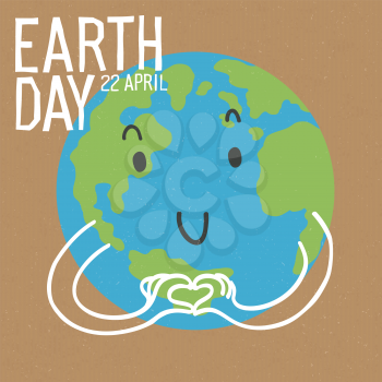 Earth planet shows hearts gesture by hands. Save the earth concept poster. Vector illustration