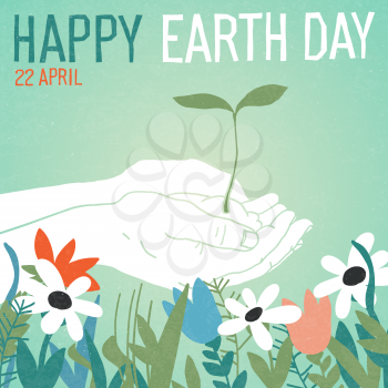 Vintage Earth Day Poster. Abstract flowers and hands holding sprout. 
