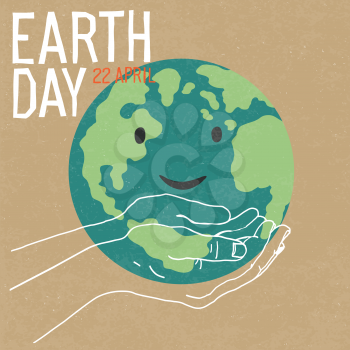 Vintage Earth Day Poster. Abstract Hands holding Earth Planet Illustration. On cardboard texture.
