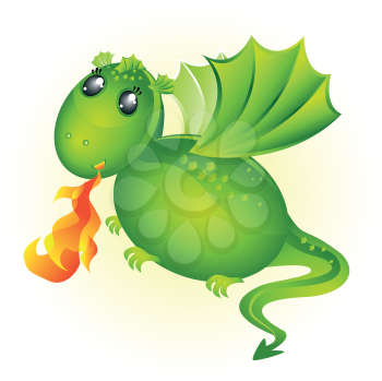 Cute illustration of a little green fire-breathing dragon