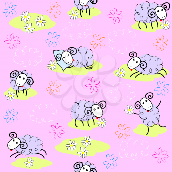 Seamless pattern with cute sheeps on a meadow