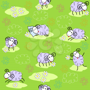 Seamless pattern with cute sheeps on a meadow
