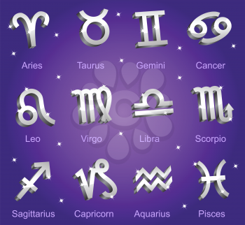 Horoscope zodiac star signs. Silver shiny icons