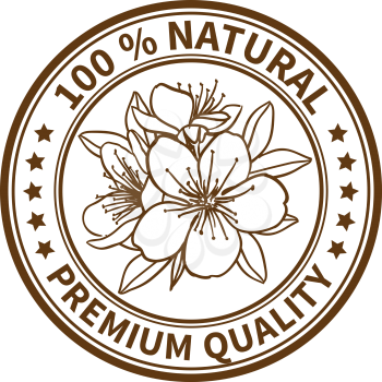 Stamp with the flower of cherry and the text 100% natural, premium quality