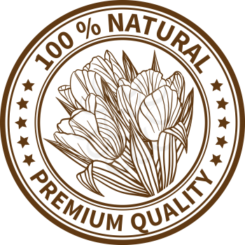 Stamp with the flower of tulips and the text 100% natural, premium quality